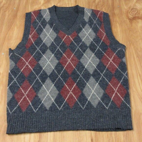 VINTAGE Argyle Sweater Vest Mens Size M/L Blue Grey Red V Neck Preppy Gillet - Picture 1 of 9
